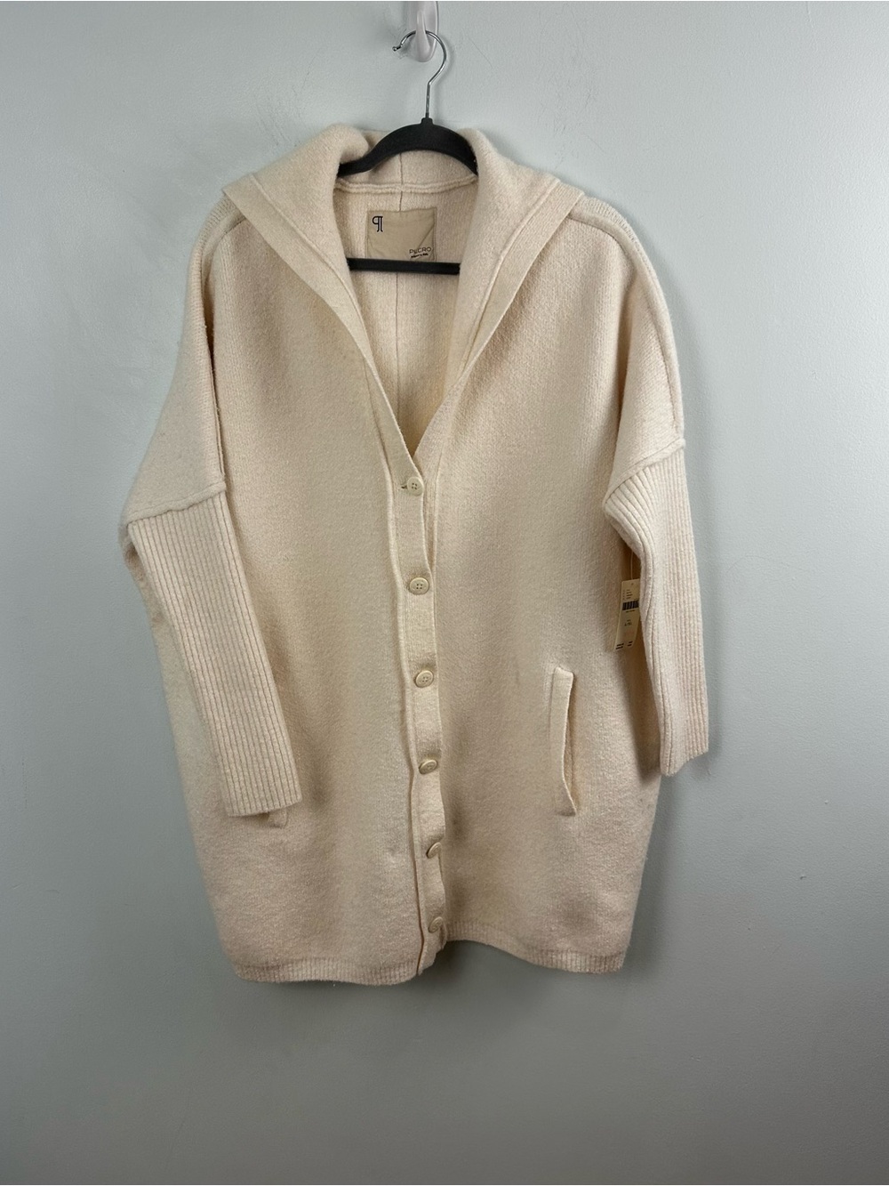 Pilcro for Anthropologie Ivory Hooded Button-Front Sweater Coat Size L/XL